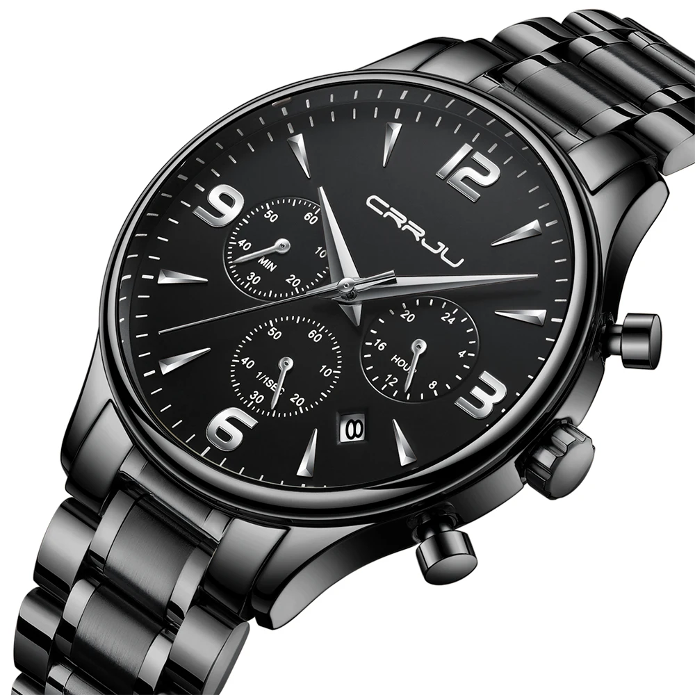 

New Watches Men Luxury Brand CRRJU Chronograph Men Sports Watch Waterproof Full Steel Mens Quartz Wristwatches Relogio Masculino