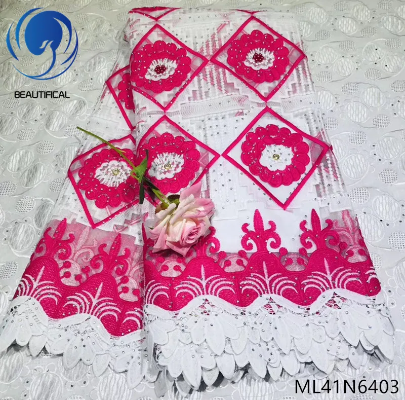 

Beautifical nigerian lace fabrics Fashion style embroidery tulle lace beads fabric lace stones fabric for dress 5yards ML41N64