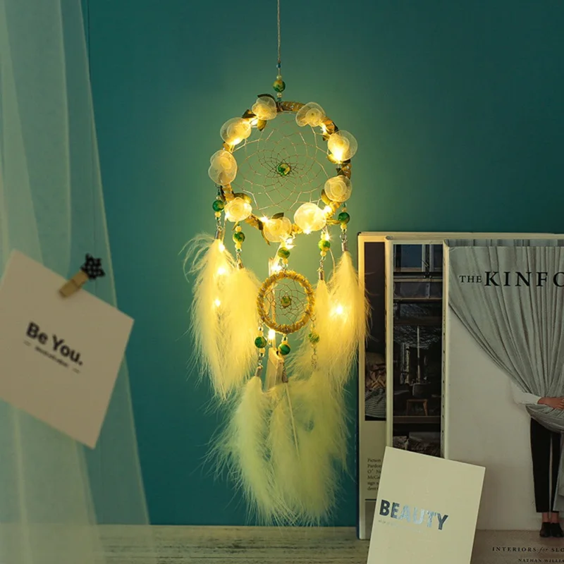 Dream Catcher Feather Girl Style Handmade Dreamcatcher With String Light Innovative Home Bedside Wall Hanging Decoration 1Pcs