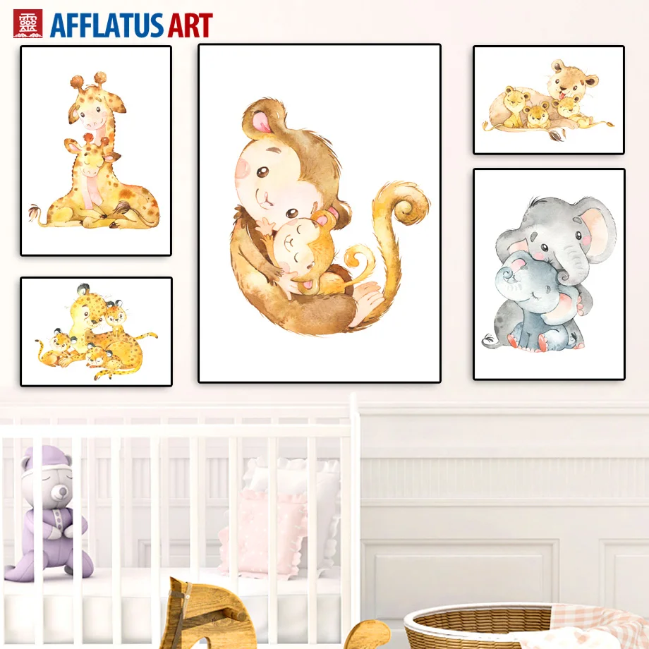 

Monkey Elephant Leopard Giraffe Baby Family Nordic Posters And Prints Wall Art Canvas Painting Wall Pictures For Kids Room Decor