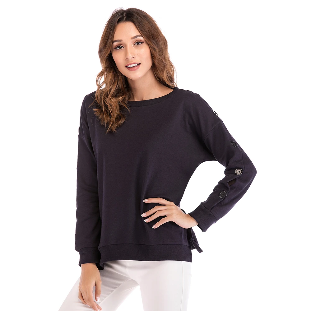 

FEIBUSHI Women Sexy Autumn Pullovers Sweatshirts Casual Long Sleeve Button Casual O Neck Solid Sweatshirts