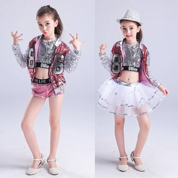 

3 pieces Children Party Dance Costumes Jazz Sequined hip-hop Dancing Outfit modern Kids Dancewear Performance Stagewear Outfits