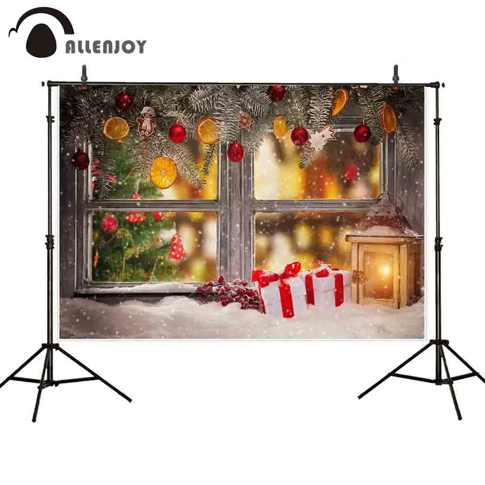 

Allenjoy Christmas photo background window candle Pine tree branch spot gift new year party fantasy backdrop photography props