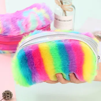 

Rainbow Plush Pencil Case Cute Large Capacity Pencil Box School Supplies Stationery Gift Women travel Makeup Hand Bags