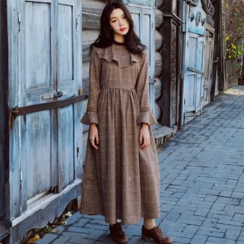 

Fashion brand retro plaid pattern ruffles stitching dress female college style high waist big swing long dress wq963 dropship