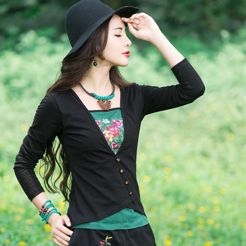 

Original ethnic style embroidered top Summer Chinese embroidered word collar Slim fake two long sleeve large size t-shirt