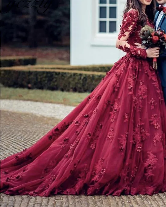 Burgundy Wedding Dress Luxury O-neck 