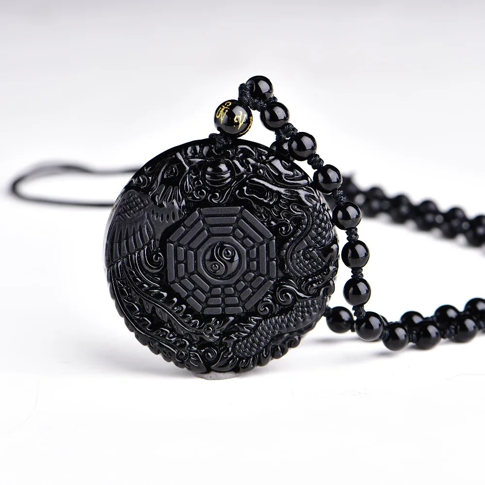 

Natural Black Obsidian Hand Carved Chinese Dragon Phoenix BaGua Lucky Amulet Pendant Free Necklace Fashion Fine Jewelry