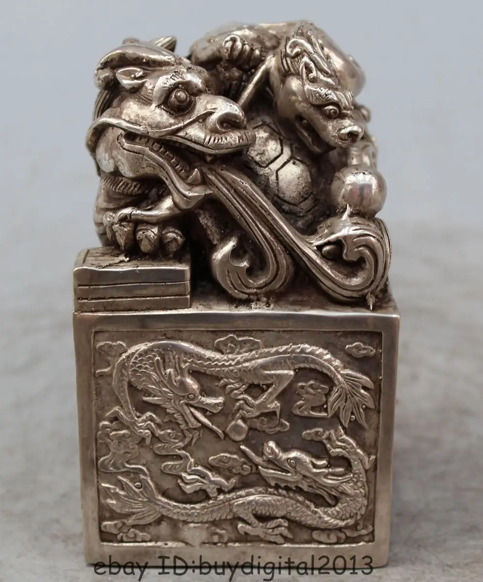 

Chinese China Dynasty King Emperor Silver Dragon Beast Statue Seal stamper Stamp Garden Decoration Brass Bronze