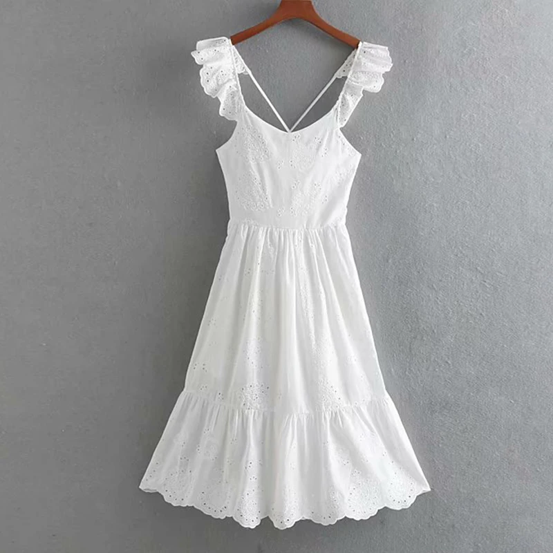 Women's Clothing Dress 2019 Cotton Cutout Embroidered Open Back Dress Ms Summer Street Sexy Slim Fit Temperament Clothing