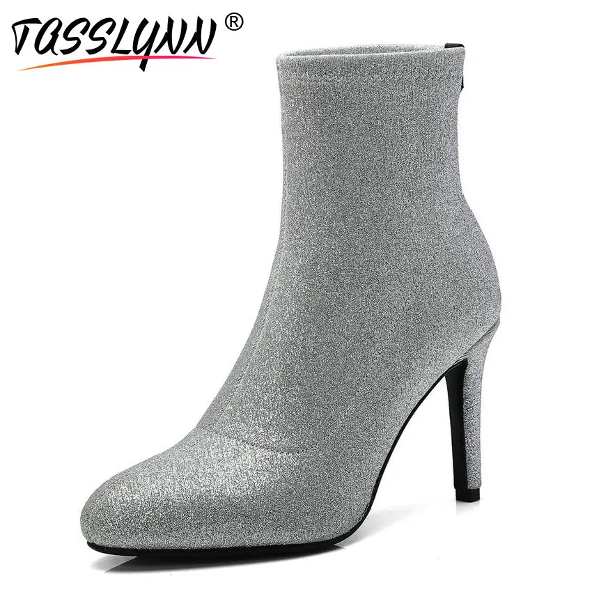 

TASSLYNN 2018 Women Boots High Heels Round Toe Autumn Woman Shoes Ankle Boots Slip on Thin Heels Stretch Fabric Shoes Size 34-39