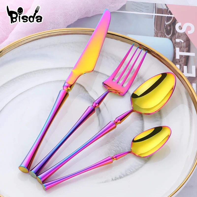 

4Pcs/Set New Design Christmas Dinnerware Cutlery Set Colorful Standable Tableware Fork Spoon Knife Set 18/10 Stainless Steel