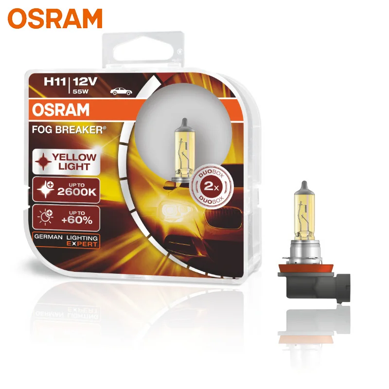 

OSRAM Fog Breaker H11 12V 55W 2600K Yellow Color Auto Head Light Bulbs Fog Lamps +60% Light +200% Yellow 62211FBR (Twin)