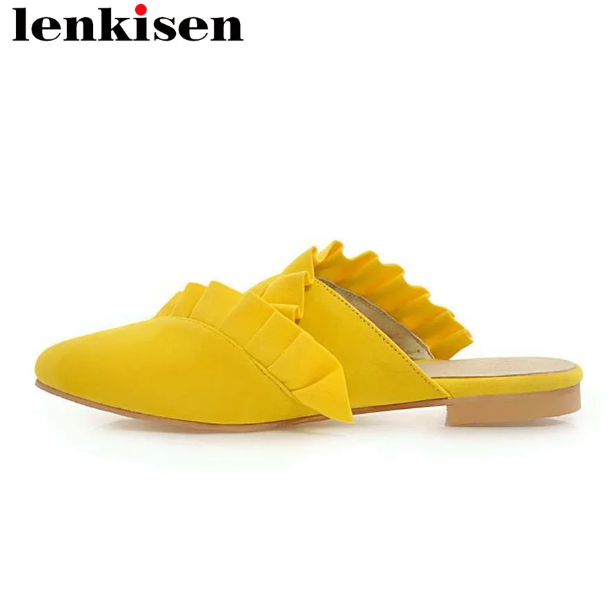 

Lenkisen high fashion Ruffle folds sweet slip on pu big size pointed toe solid outside slipper elegant beach flat with mules L6