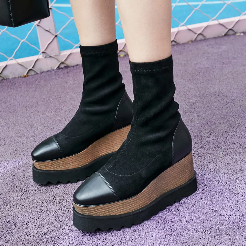 

MNIXUAN Muffin wedges shoe flat platform boots punk women 2018 new round toe genuine leather mid-calf boots high heels black