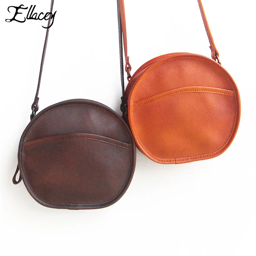 Ellacey Retro Circular Bags For Women 2019 Genuine Leather Handbags Vintage Small Round Bag Cow ...