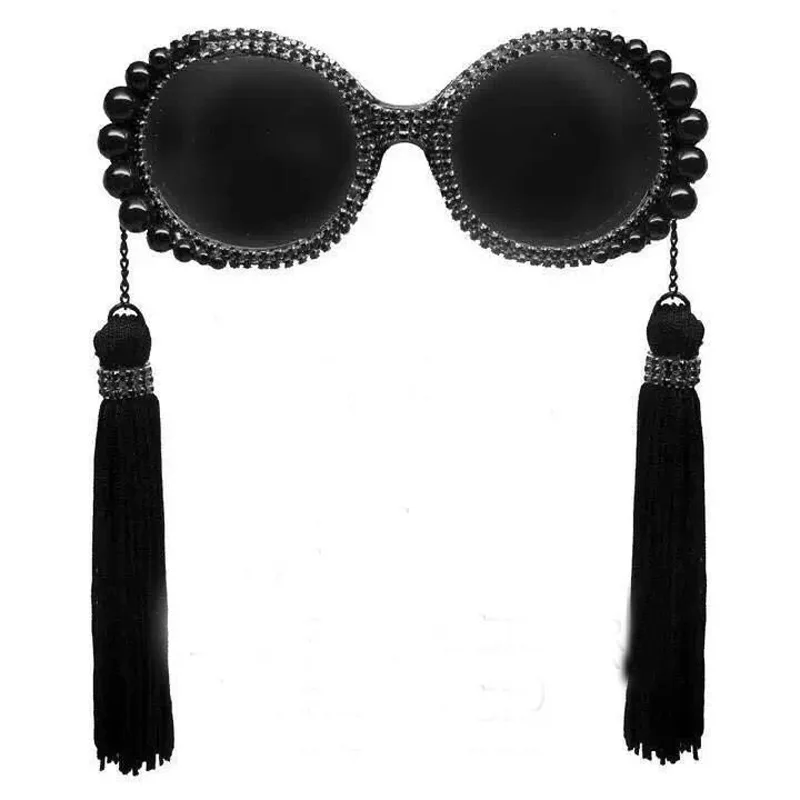 

Fashion brand design tassel sunglasses pearl crystal retro round big frame sunglasses women Summer Beach Decoration