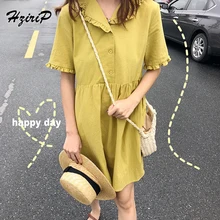 Hzirip Estilo Coreano Bonito Mulheres de Verão Elegante Vestido Midi Sólida Peter Pan Collar Manga Curta Vestidos Vintage Casual Vestido Solto