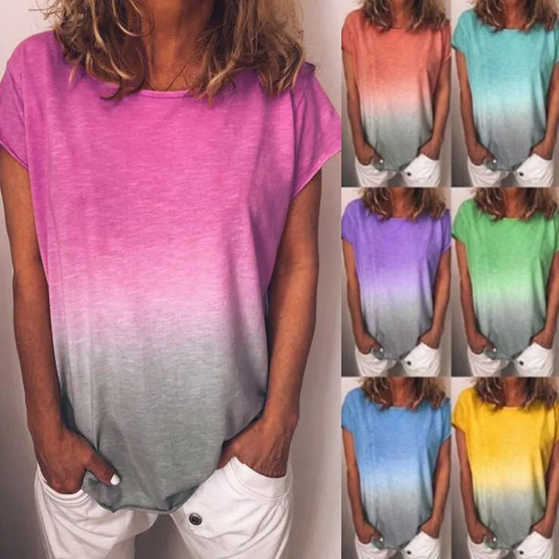 

Women Short Sleeve Crew Neck Loose Gradient Color T-Shirts Tops for Summer IK88