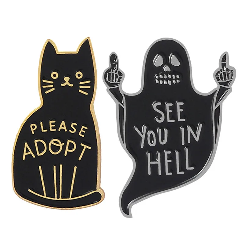 

Black Ghost Middle Finger Contempt Gesture Pins See You In Hell Badge Brooches Bag Clothes Lapel Funny Punk Gothic Jewelry Gift