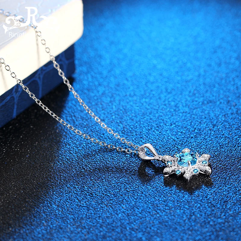 Rinntin Pure 925 Sterling Silver Women Necklaces With Chain Blue AAA Dazzling Zircon Snowflake Shape Pendant For Female PSN15 Fine Jewelry