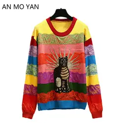 AN MO YAN 2019 новые высококачественные женские свитера с вышивкой кота кружева Harajuku пуловер радужные полосы женский свитер
