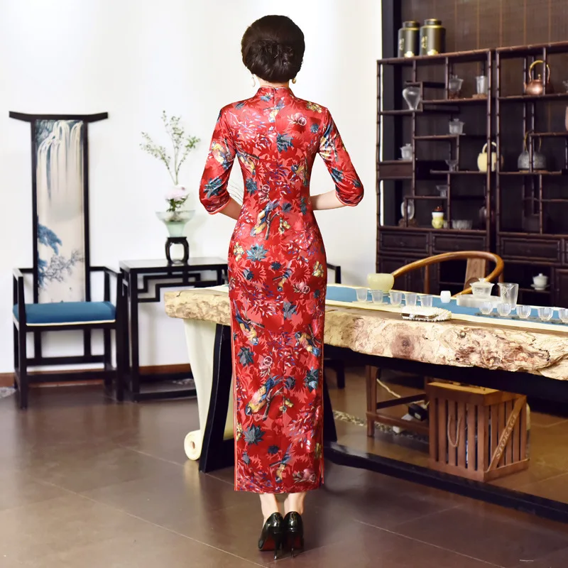 Китайский длинное платье Для женщин бархат среднего рукавом Cheongsam