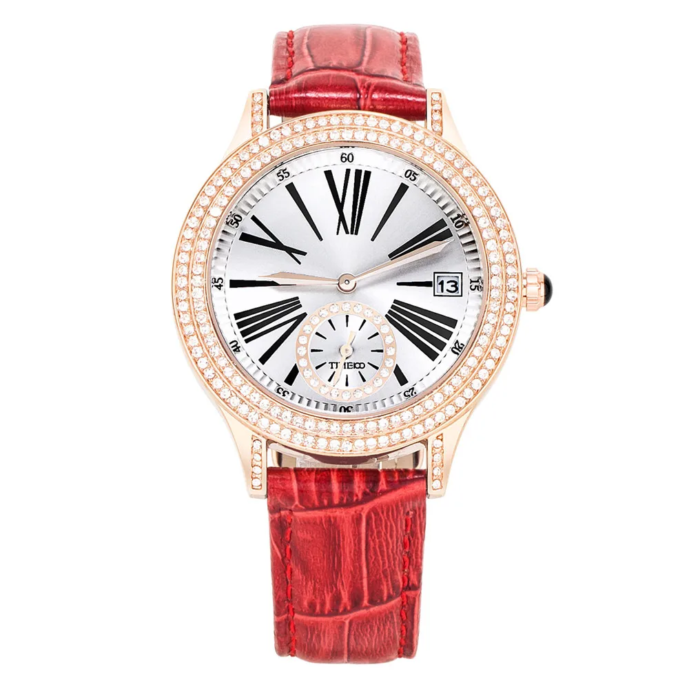 TIME100 Для женщин часы римские цифры набора календарь красная кожа кварцевые наручные Часы для Для женщин Дамы Часы Relogio feminino