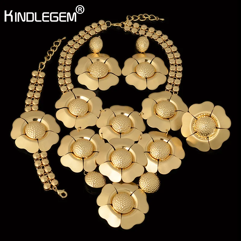 

Kindlegem Brand Large Fancy Flower Necklace Earrings Bracelet Ring Set For Women Wedding Bridal Costume Jewels Deluxe Gold Color