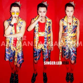 

Original men's singer male DJ in the long section of personality golden sleeveless rookie party dress singer costumes clothing