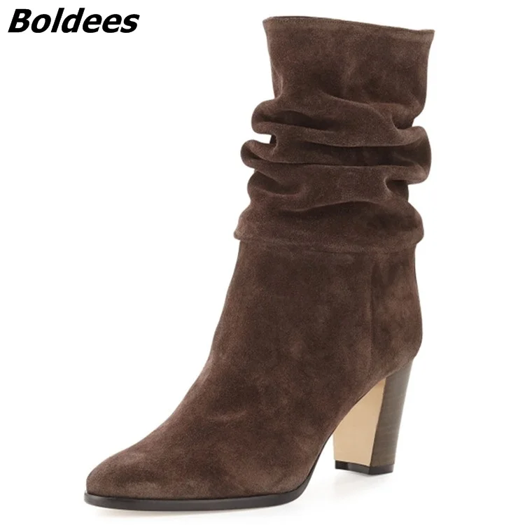 

Women Elegant Velvet Boots Concise Style Pointed Toe Chunky Heel Mid-Calf Boots Hot Selling Celebrities in Same Women Boots