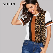 SHEIN White Color Block Cut-and-Sew Leopard Panel Top Short Sleeve O-Neck Casual T Shirt Women 2019 Summer Leisure Tshirt Tops