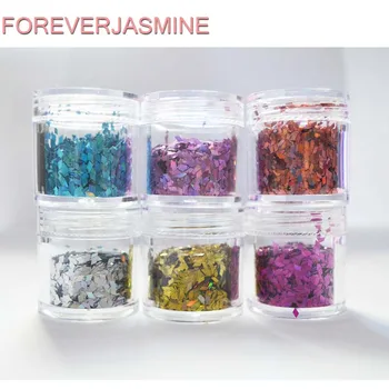 

FOREVERJASMINE 6pcs Hot Pink Dazzling Rainbow Diamond Glitter Rhombus Nail Flakes Aquamarine Glitter Dust Laser Charms Manicure