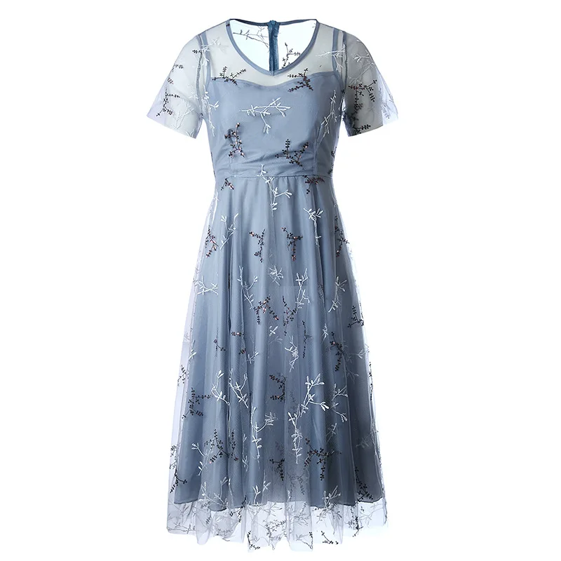 2018 Spring Summer Elegant Embroidery Floral Gauze Dress Women's Slim V