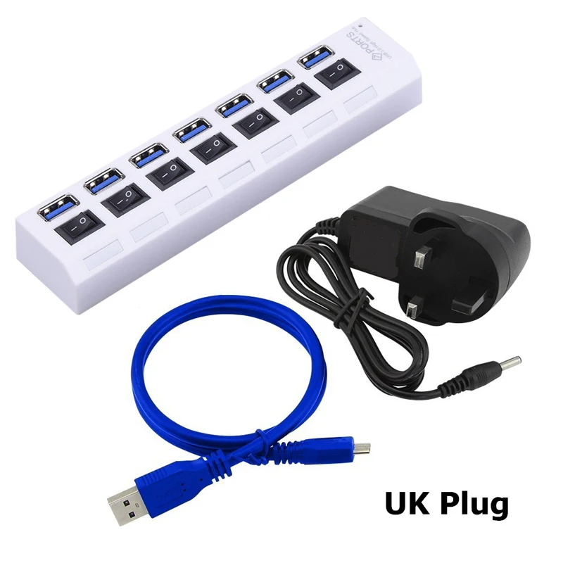 USB HUB 3,0 Супер скорость 5 Гбит/с 7 портов USB 3,0 usb-хаб с переключателем включения/выключения Platooninsert для компьютера ноутбука периферийные устройства - Цвет: White and UK Adapter