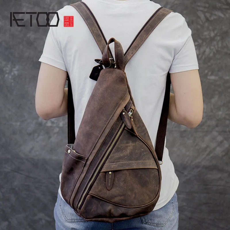 

AETOO Leather girl shoulder bag crazy horse skin retro leather men's shoulder backpack