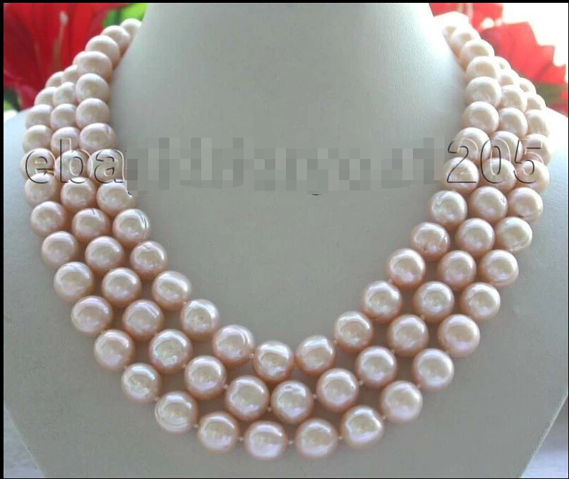 

FREE shipping>>>>18-19-20" 3rows Genuine Natural 12mm Rould Pink Pearl Necklace! 6.07 6.8 6.09