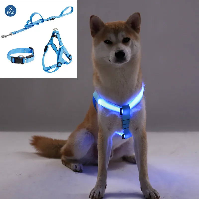 

3Pcs/set Pet Led Collar Vesr Safety LED Harness Dog Product Flashing Light Harness Leash Rope Belt LED Dog Collar Vest