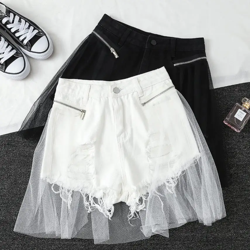 

hole denim shorts women's mesh new high waist fake two hot shorts