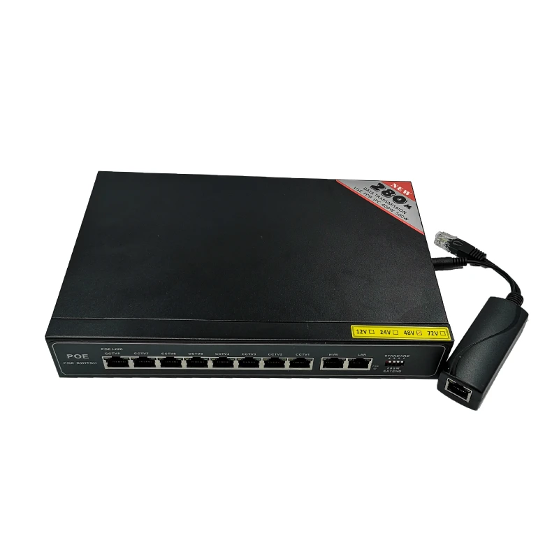 Инжектор POE 48v 10 Порт gigabit Неуправляемый коммутатор poe switch, 8*10/100 Мбит/с POE и разъёмы; 2*10/100/1000 Мбит/с на ссылку и разъёмы; NVR и разъёмы 280 м