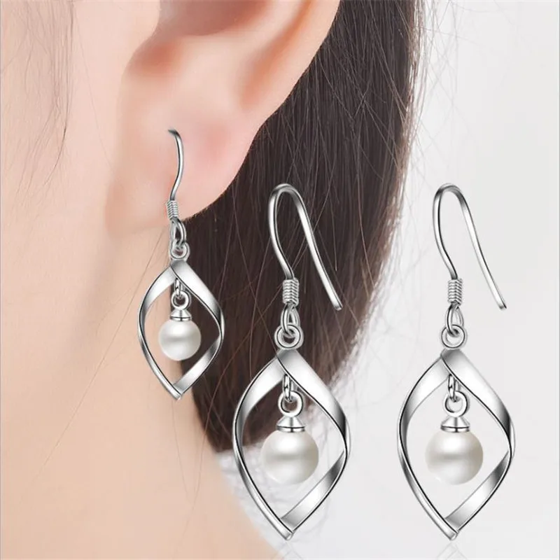 

TJP Charm Silver Plated Earrings For Women Jewelry New Fashion Pearl Drop Earrings For Girl Lady Valentine's Day Bijou Hot