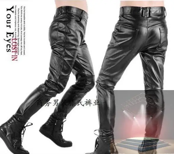 

Spring and autumn fashion tight leather pants men patchwork PU motorcycle trousers pantalones hombre cargo pants for men black