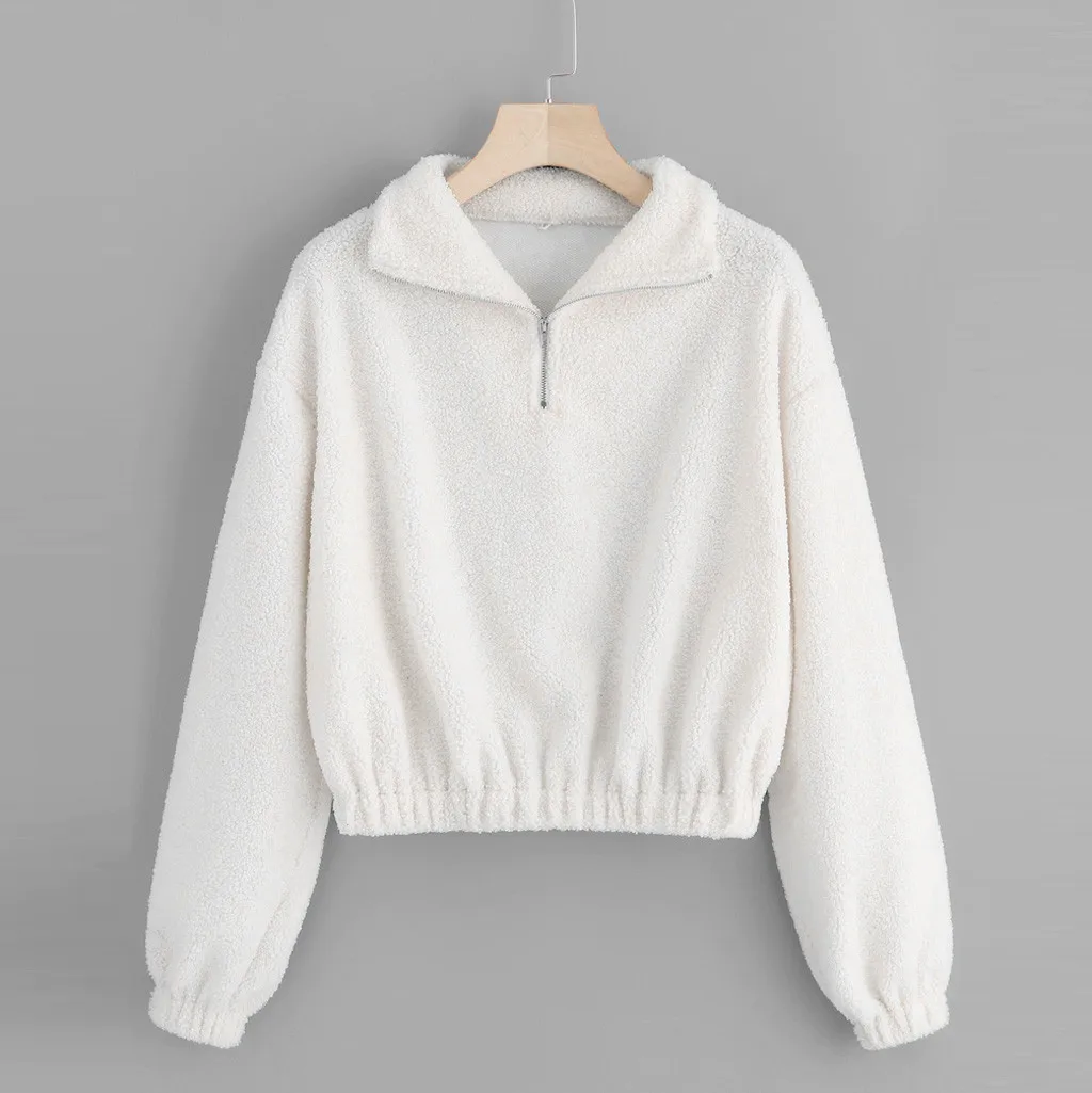 

sweatshirts Women Casual Quarter Zip Elastic Hem Teddy Sweatshirt Top Blouse white streetwear ropa de mujer oto o invierno 2019
