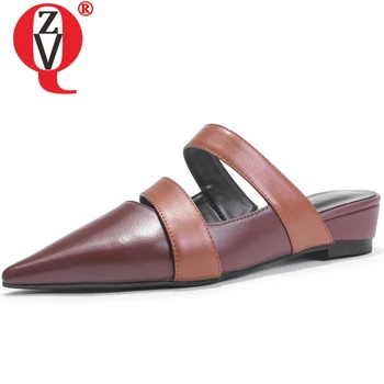 

ZVQ women good quality slippers genuine leather upper pointed toe low heel mules 2019 summer new come brand shoes ladies flats