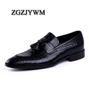 

ZGZJYWM New Men's Black/Red Genuine Crocodile Style Leather Pointed Toe Slip-On Dress Wedding Oxford Men Shoes With Tassel