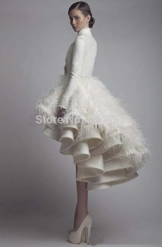 New Winter Short Wedding Dresses Ivory Satin Ruffles Skirt Long New Winter Short Wedding Dresses Ivory Satin Ruffles Skirt Long Sleeve High Low Bridal Dress Neck Ball Gown Gowns In From