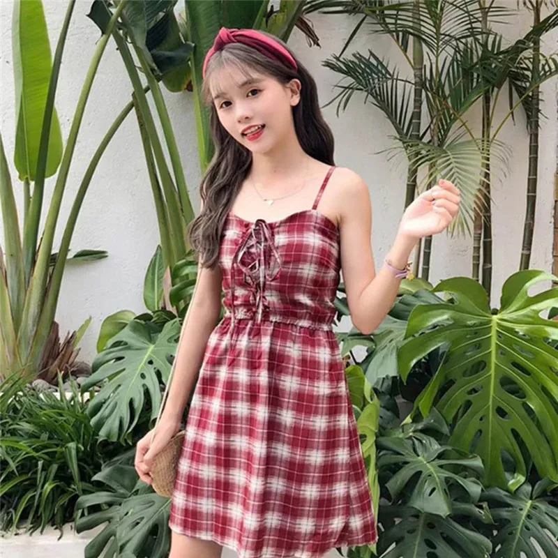 

Lychee Girls Plaid Lace Up Spaghetti Strap Dress Strapless Empire Waist Women Mini Dresses Spring Summer Sweet Vintage Dress
