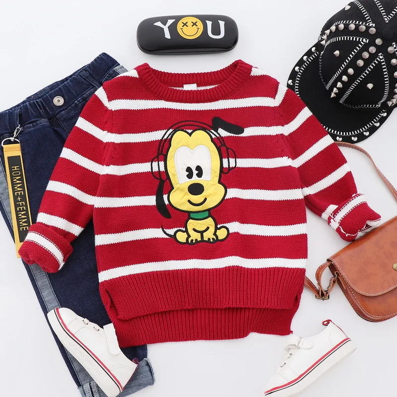 

KISBINI Autumn Kids Boys Sweaters Knitted O-Neck Striped Dog Print Girls Warm Sweater Pullover Children Clothes