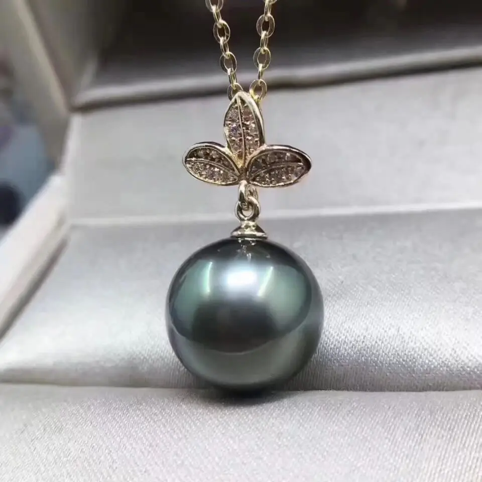 

AAA11-12mm TAHITIAN black green pearl necklace yellow gold chain