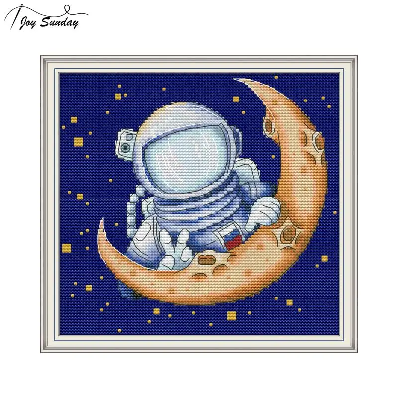 Joy Sunday Moon Landing вышивка крестиком Мультяшные узоры Печать холст Aida Ткань Вышивка